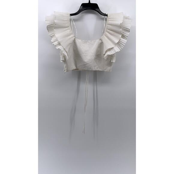 ZARA Women’s White Pleated Ruffle Sleeve Cinched Bust Cropped Top SZ S - Picture 3 of 11